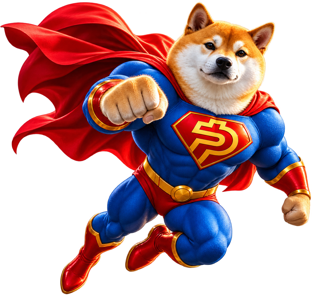 Super Paid Inu mascot flying forward in a blue suit with a red cape